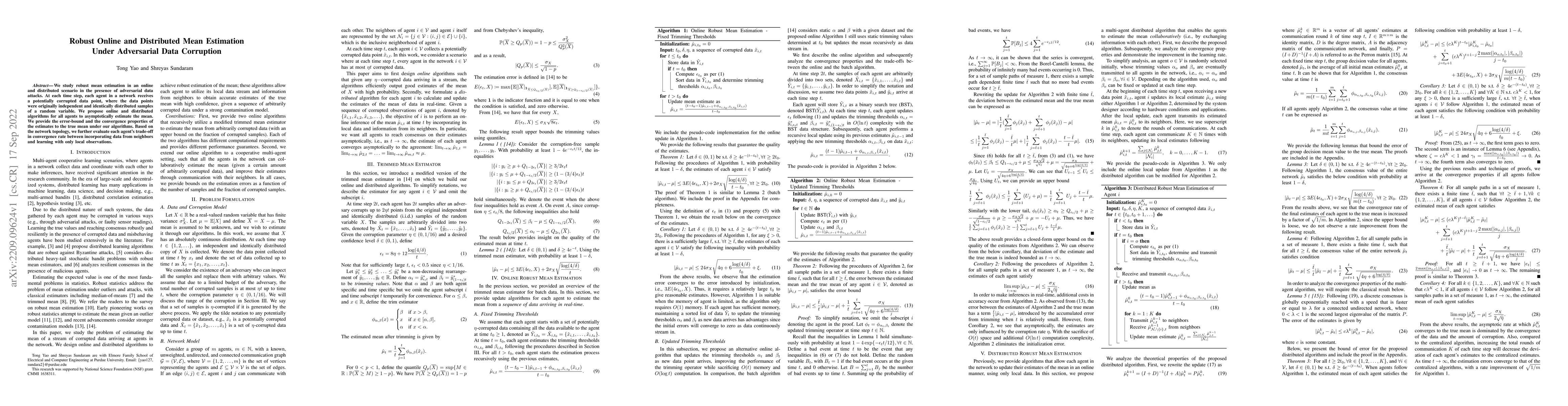Thumbnail for Robust Online and Distributed Mean Estimation Under Adversarial Data
  Corruption