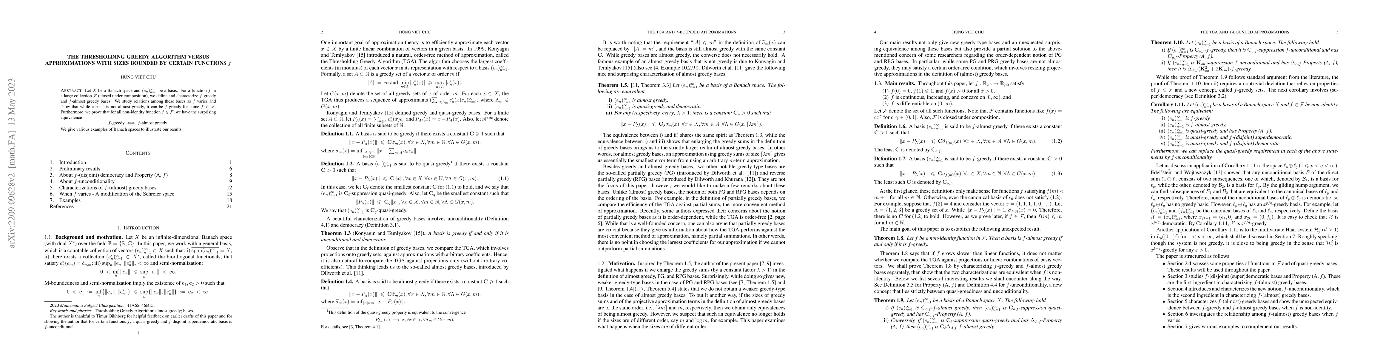 Thumbnail for The Thresholding Greedy Algorithm versus Approximations with Sizes
  Bounded by Certain Functions $f$