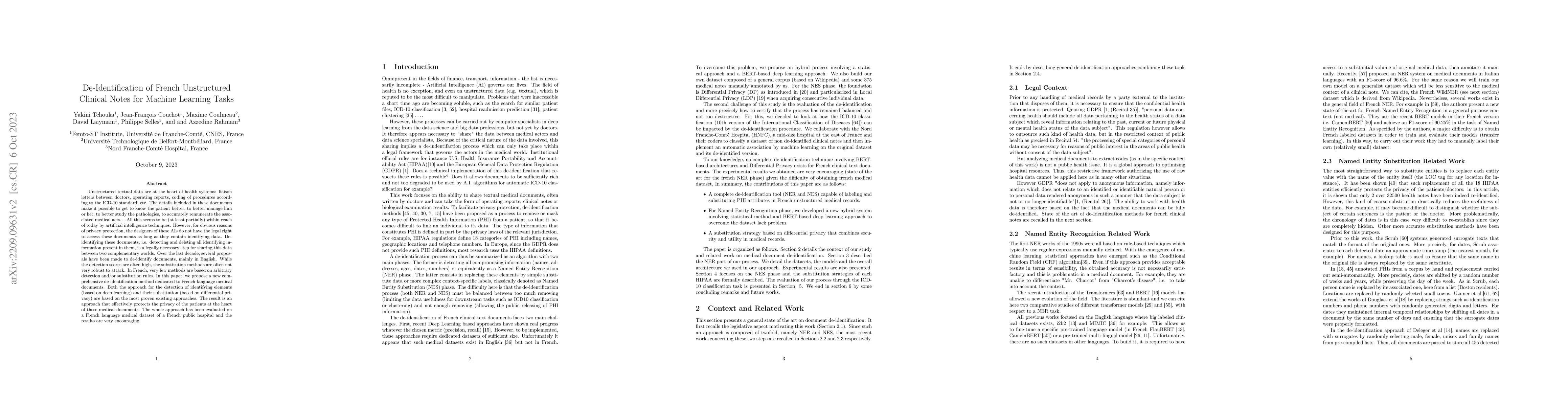 Thumbnail for De-Identification of French Unstructured Clinical Notes for Machine
  Learning Tasks