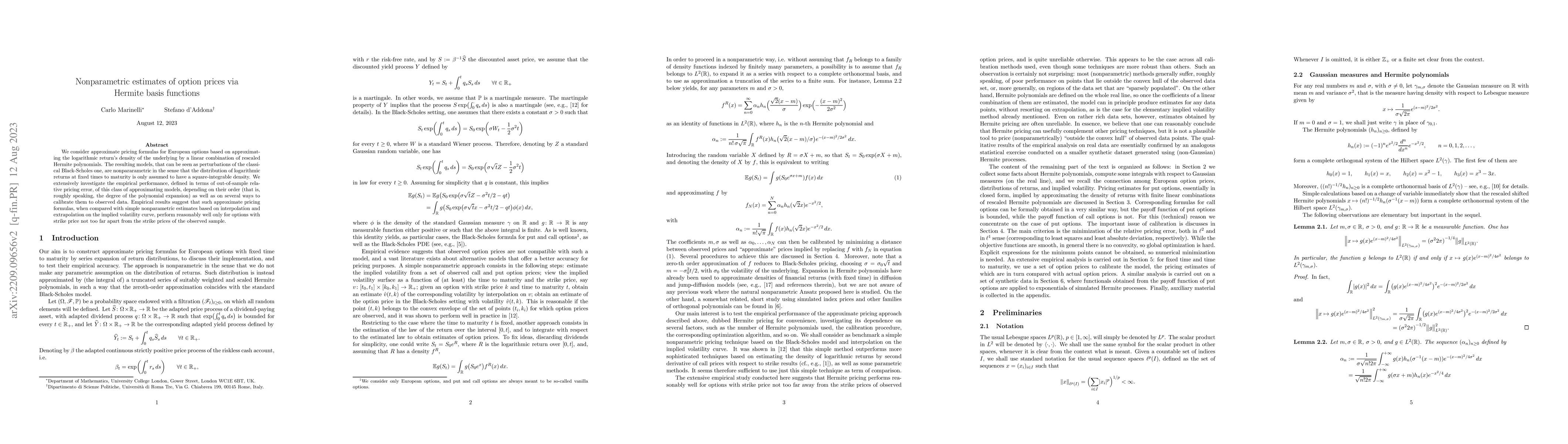 Thumbnail for Nonparametric estimates of option prices via Hermite basis functions