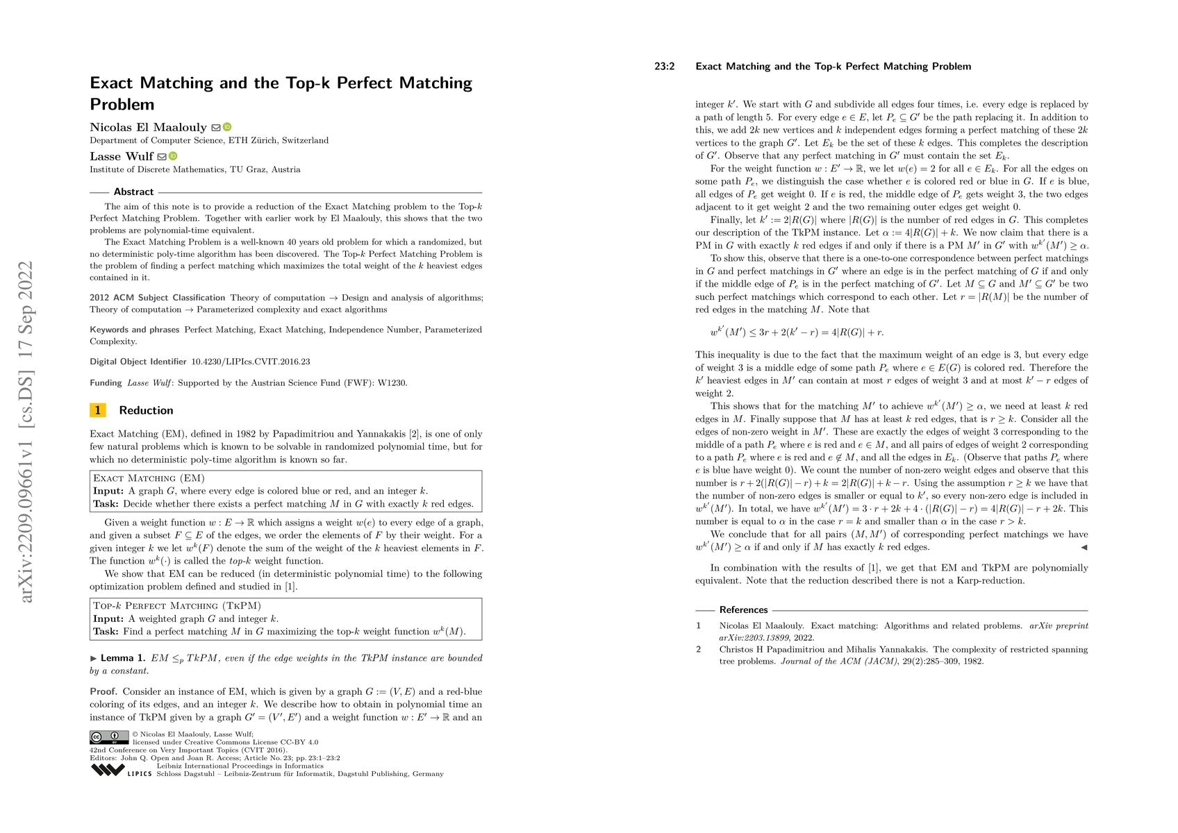Thumbnail for Exact Matching and the Top-k Perfect Matching Problem