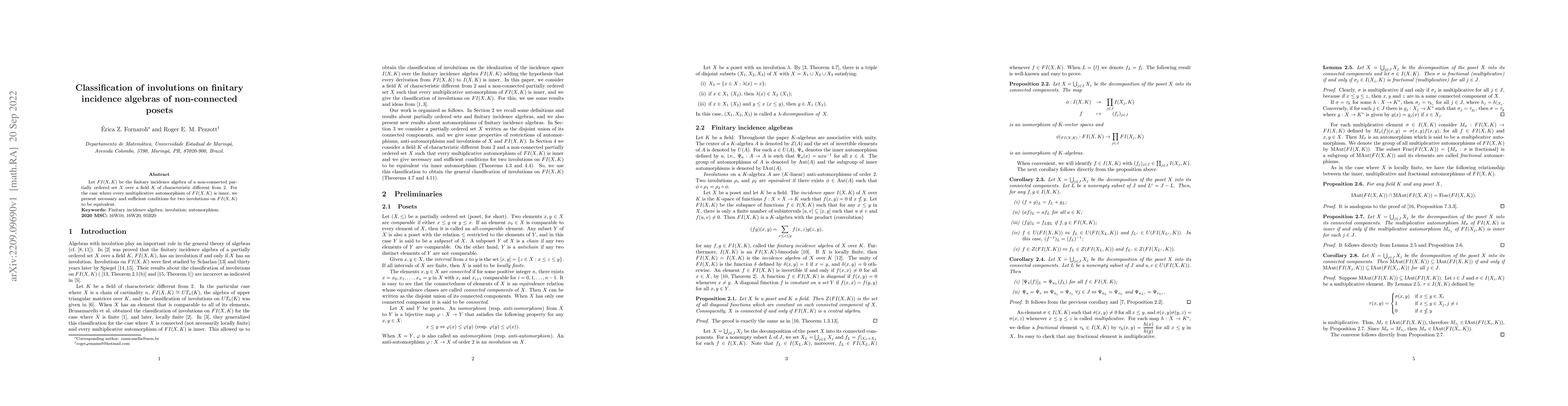 Thumbnail for Classification of involutions on finitary incidence algebras of
  non-connected posets