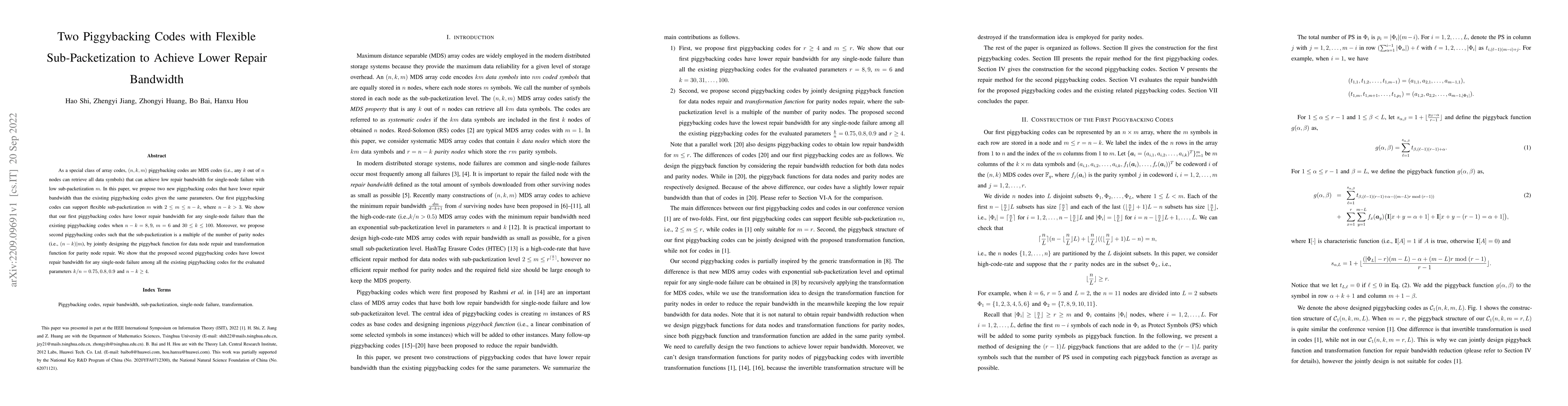 Thumbnail for Two Piggybacking Codes with Flexible Sub-Packetization to Achieve Lower
  Repair Bandwidth