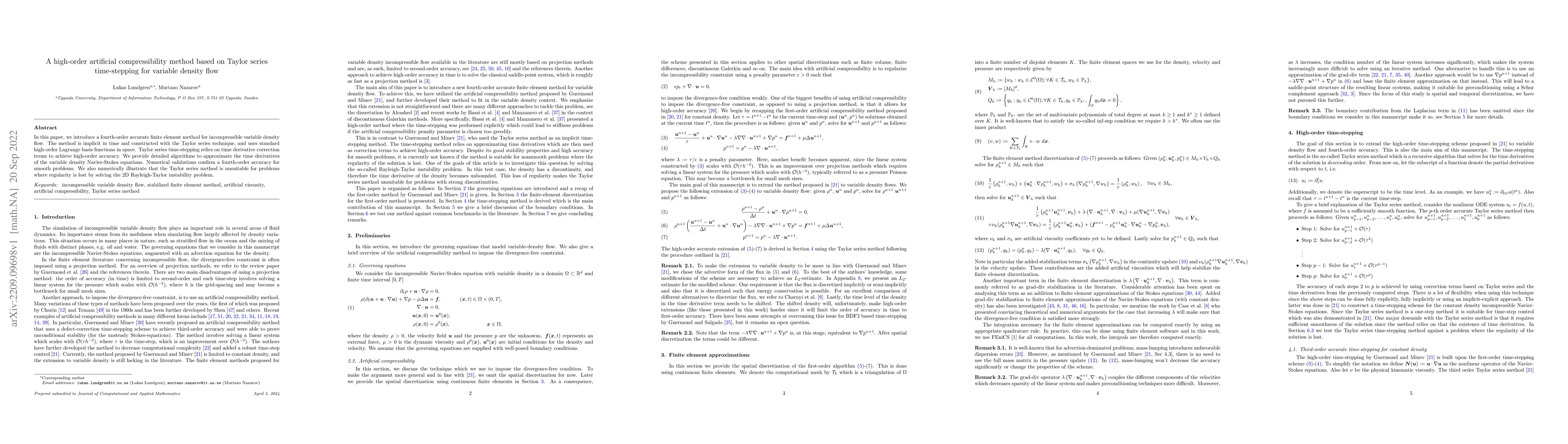 Thumbnail for A high-order artificial compressibility method based on Taylor series
  time-stepping for variable density flow
