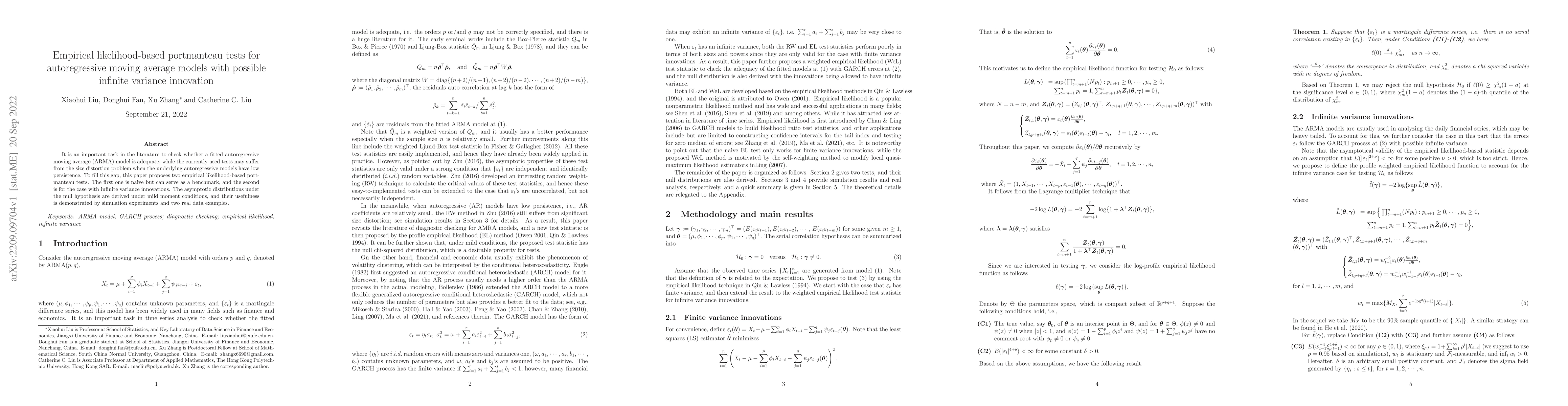 Thumbnail for Empirical likelihood-based portmanteau tests for autoregressive moving
  average models with possible infinite variance innovation