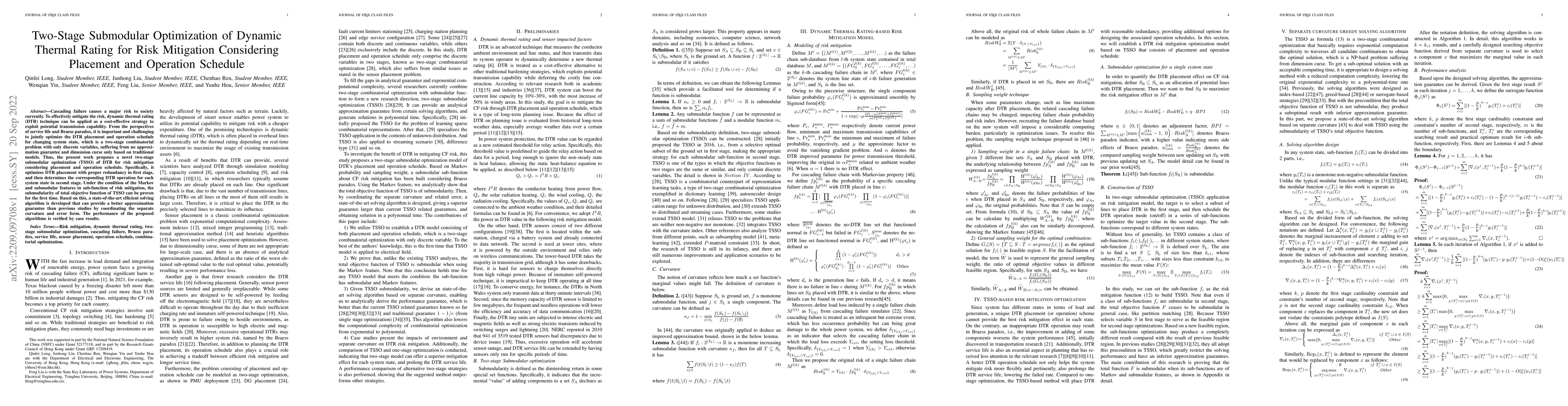 Thumbnail for Two-Stage Submodular Optimization of Dynamic Thermal Rating for Risk
  Mitigation Considering Placement and Operation Schedule
