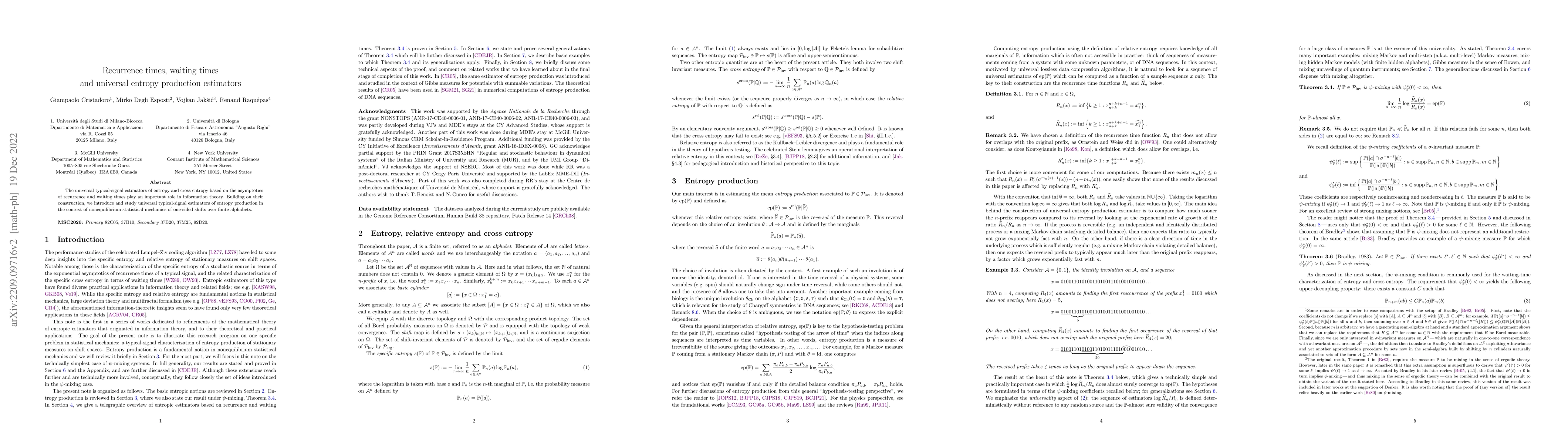 Thumbnail for Recurrence times, waiting times and universal entropy production
  estimators
