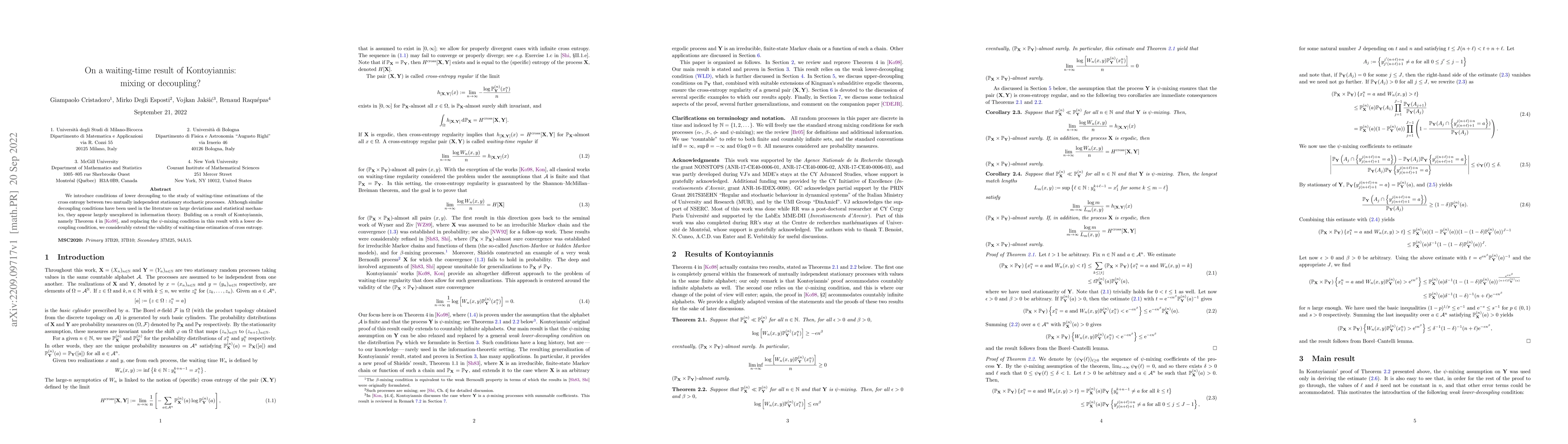 Thumbnail for On a waiting-time result of Kontoyiannis: mixing or decoupling?