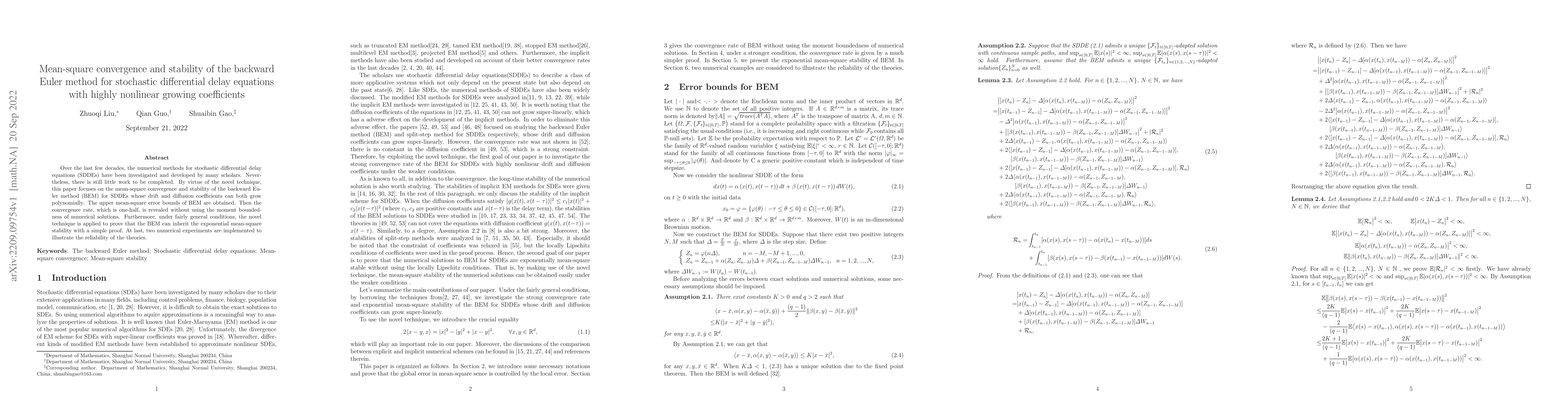 Thumbnail for Mean-square convergence and stability of the backward Euler method for
  stochastic differential delay equations with highly nonlinear growing
  coefficients