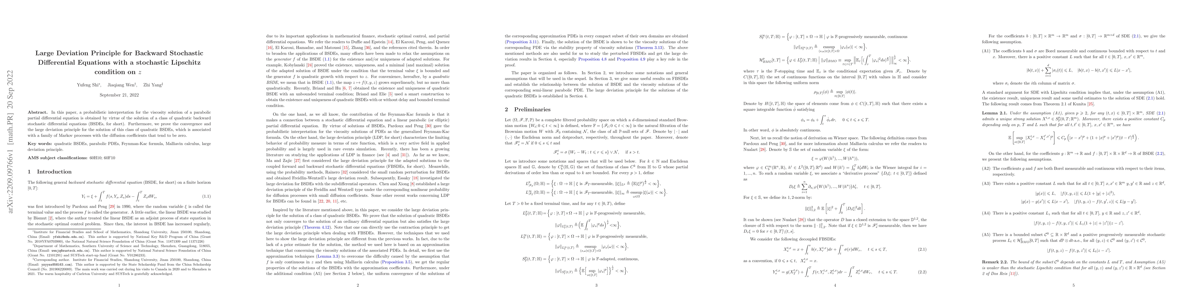 Thumbnail for Large Deviation Principle for Backward Stochastic Differential Equations
  with a stochastic Lipschitz condition on $z$