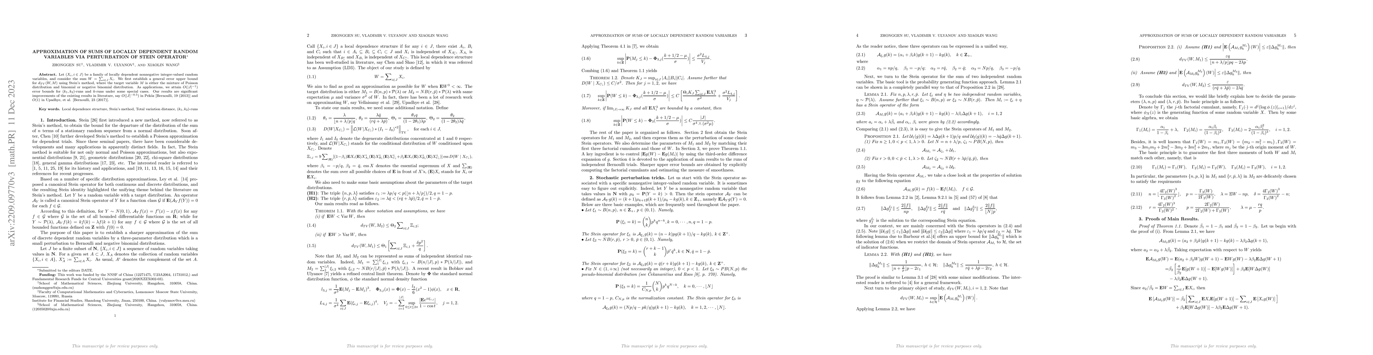 Thumbnail for Approximation of Sums of Locally Dependent Random Variables via
  Perturbation of Stein Operator