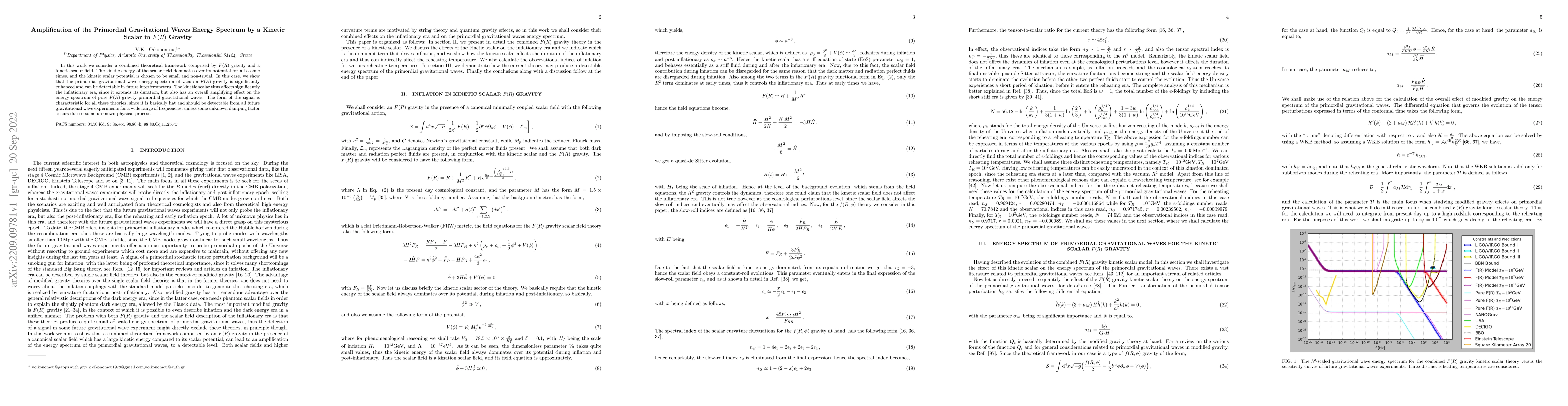 Thumbnail for Amplification of the Primordial Gravitational Waves Energy Spectrum by a
  Kinetic Scalar in $F(R)$ Gravity