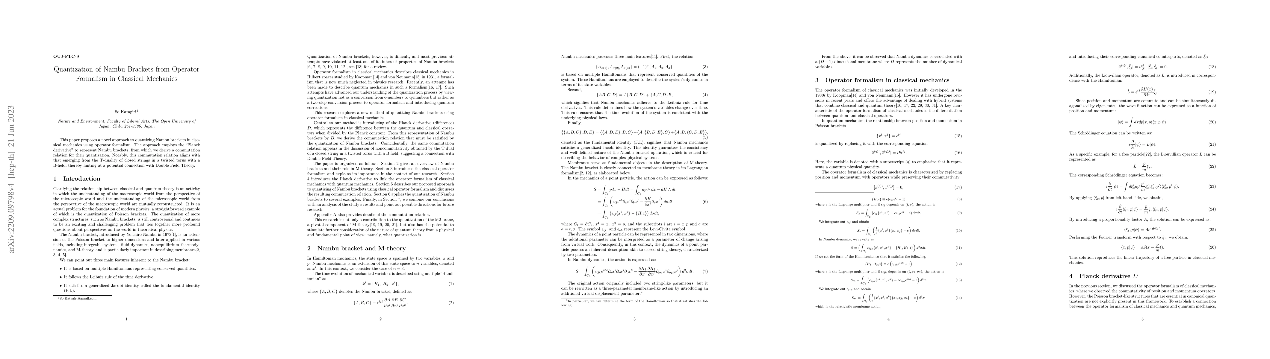 Thumbnail for Quantization of Nambu Brackets from Operator Formalism in Classical
  Mechanics