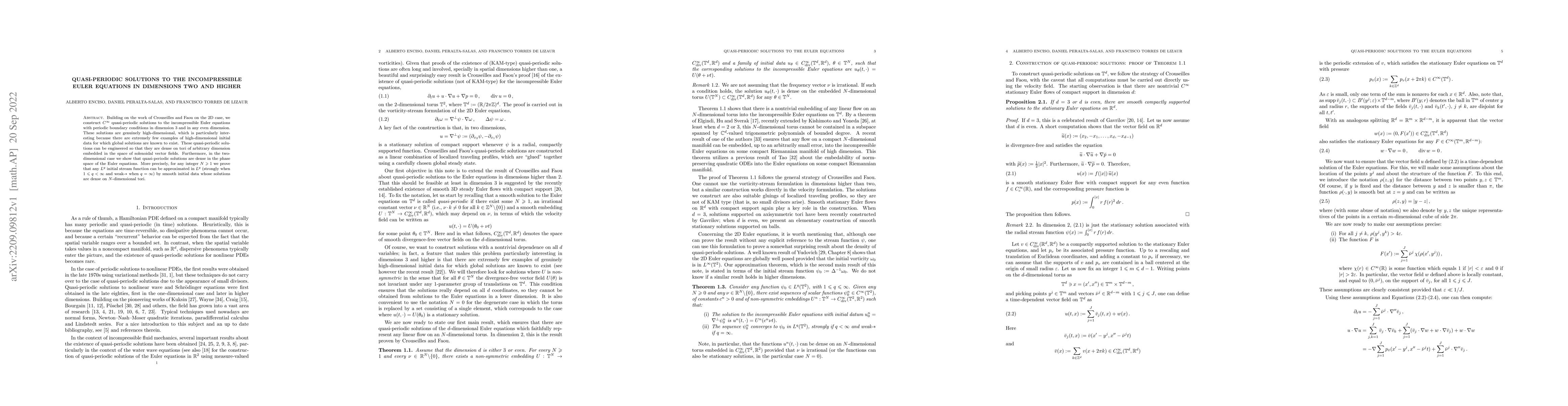 Thumbnail for Quasi-periodic solutions to the incompressible Euler equations in
  dimensions two and higher