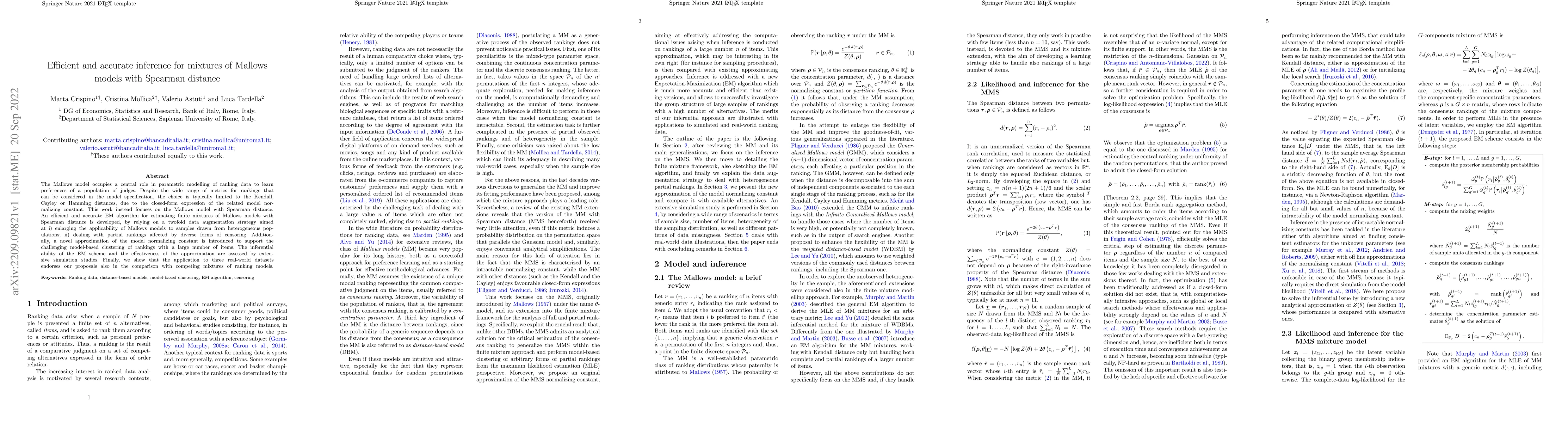 Thumbnail for Efficient and accurate inference for mixtures of Mallows models with
  Spearman distance