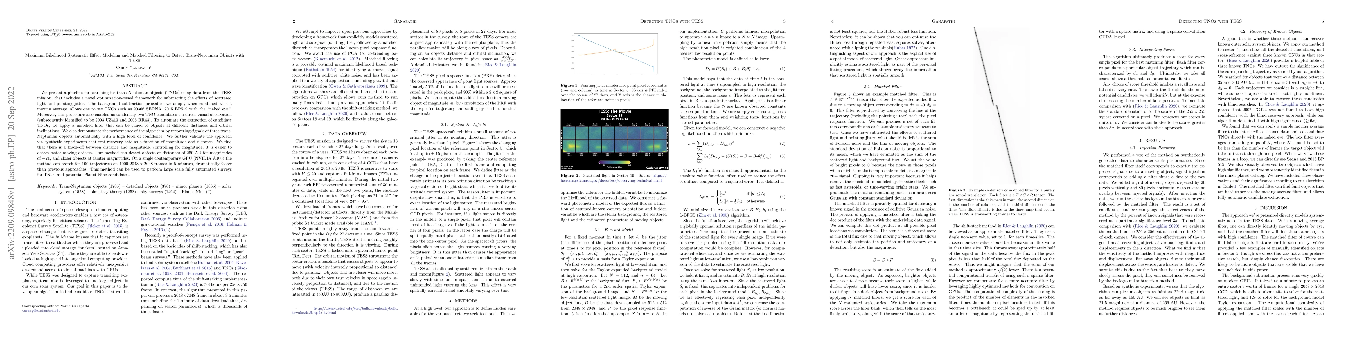 Thumbnail for Maximum Likelihood Systematic Effect Modeling and Matched Filtering to
  Detect Trans-Neptunian Objects with TESS