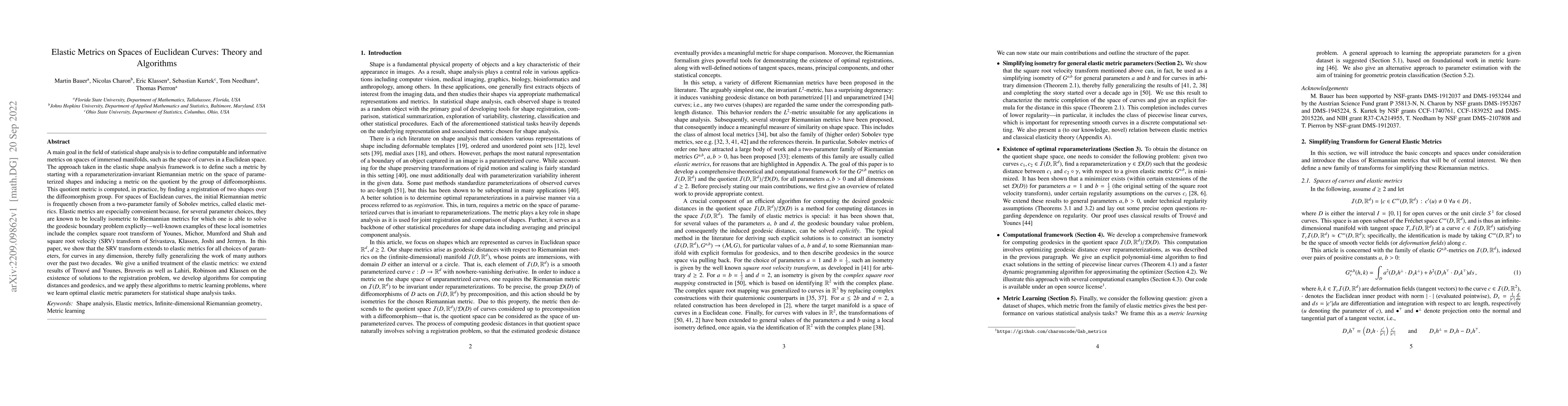 Thumbnail for Elastic Metrics on Spaces of Euclidean Curves: Theory and Algorithms