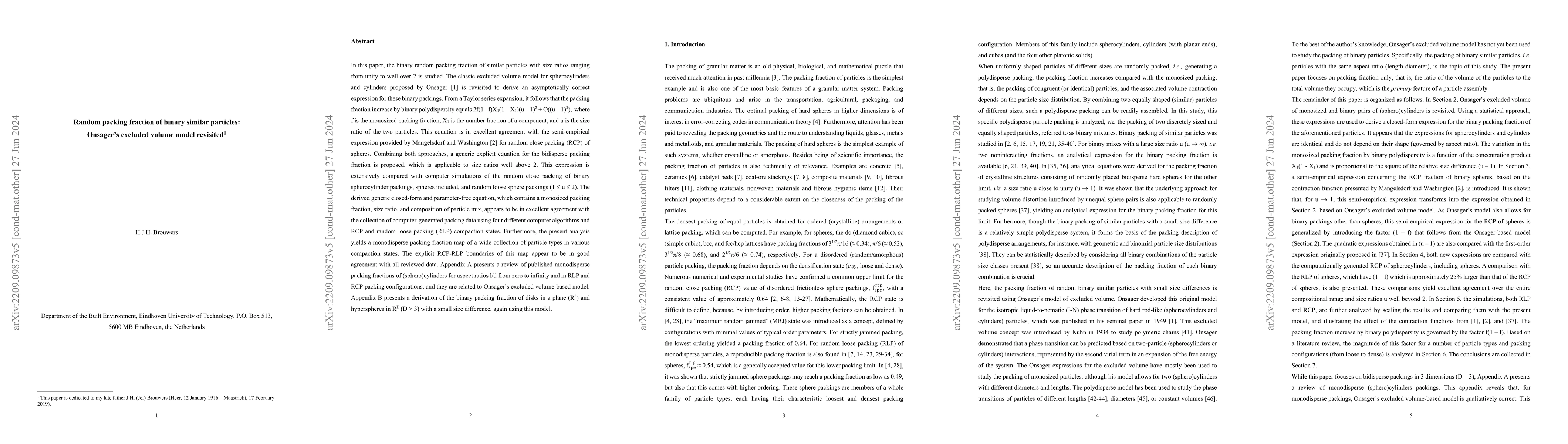 Thumbnail for Random packing fraction of binary similar particles: Onsager's excluded
  volume model revisited