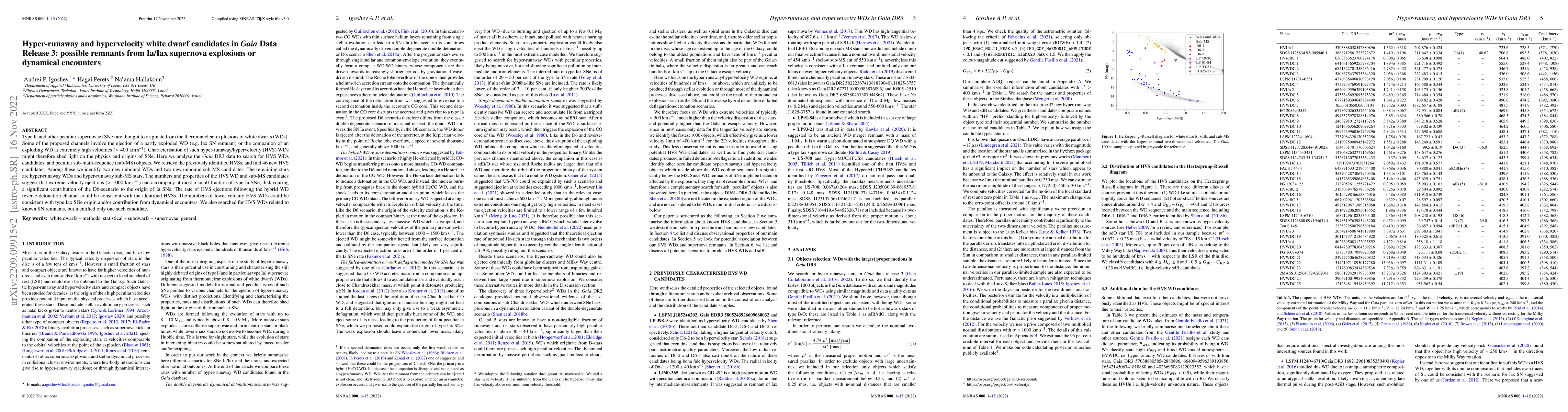 Thumbnail for Hyper-runaway and hypervelocity white dwarf candidates in \textit{Gaia}
  Data Release 3: possible remnants from Ia/Iax supernova explosions or
  dynamical encounters