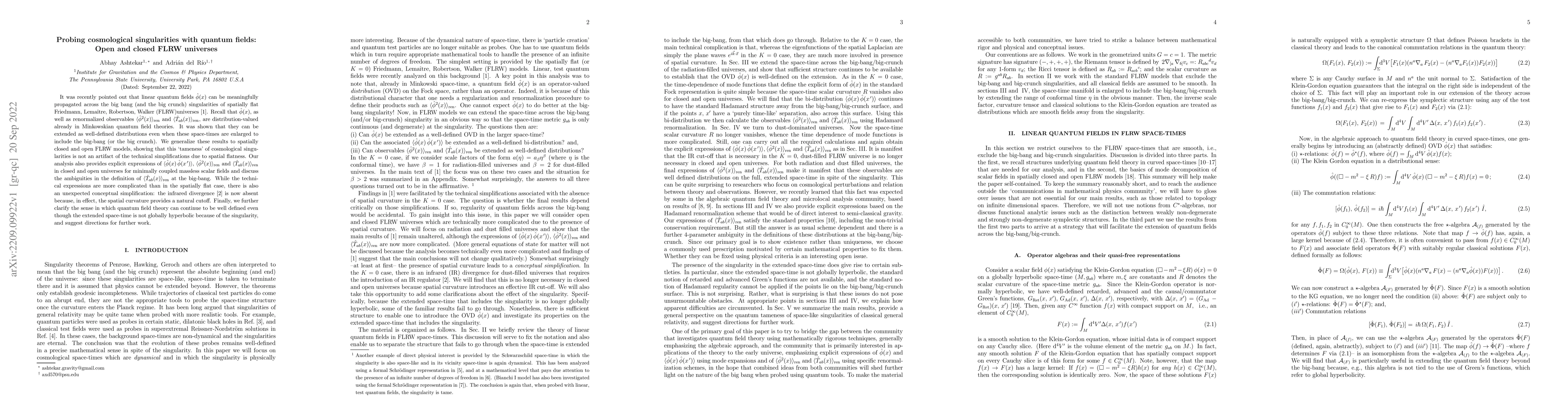 Thumbnail for Probing cosmological singularities with quantum fields: Open and closed
  FLRW universes