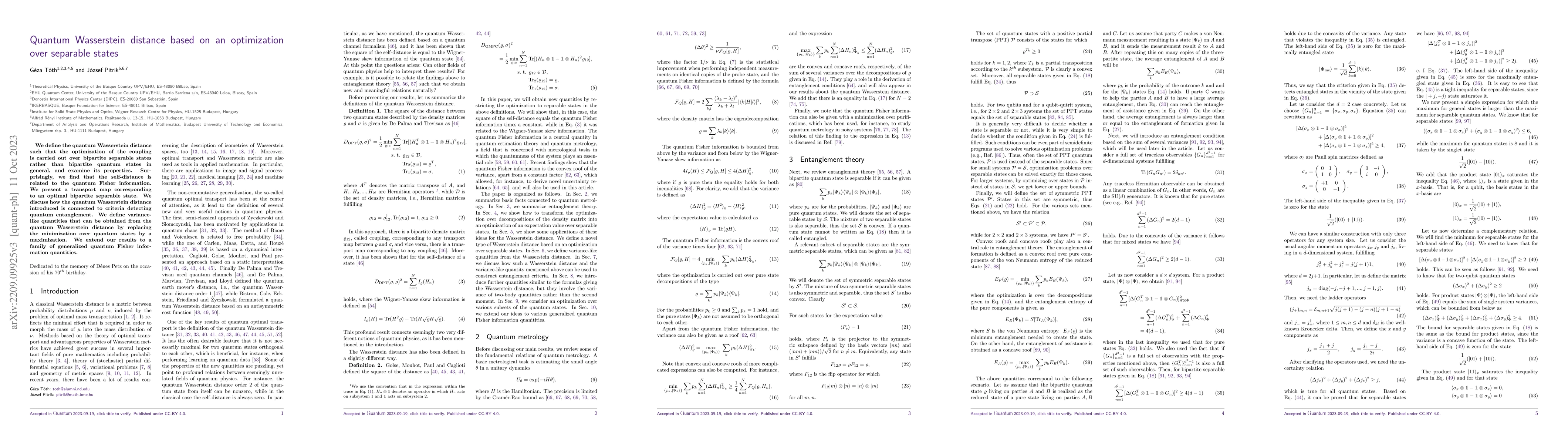 Thumbnail for Quantum Wasserstein distance based on an optimization over separable
  states