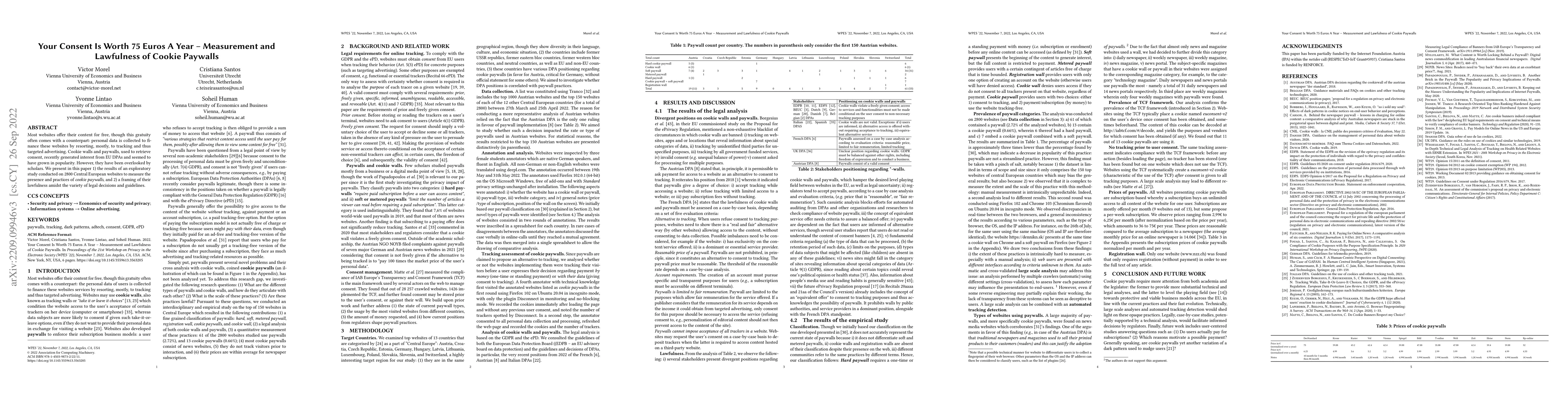 Thumbnail for Your Consent Is Worth 75 Euros A Year -- Measurement and Lawfulness of
  Cookie Paywalls