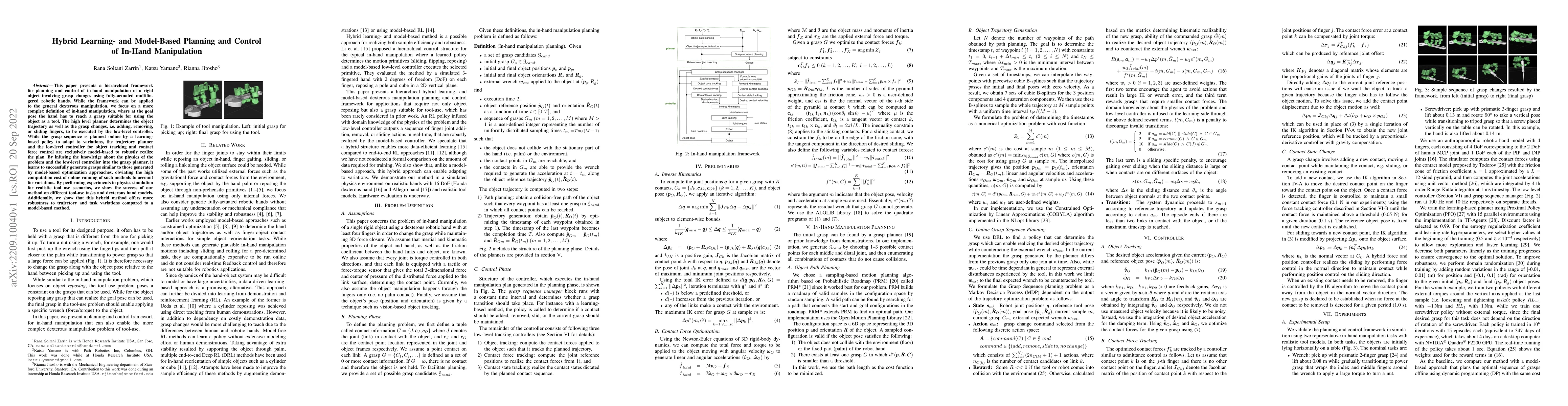 Thumbnail for Hybrid Learning- and Model-Based Planning and Control of In-Hand
  Manipulation