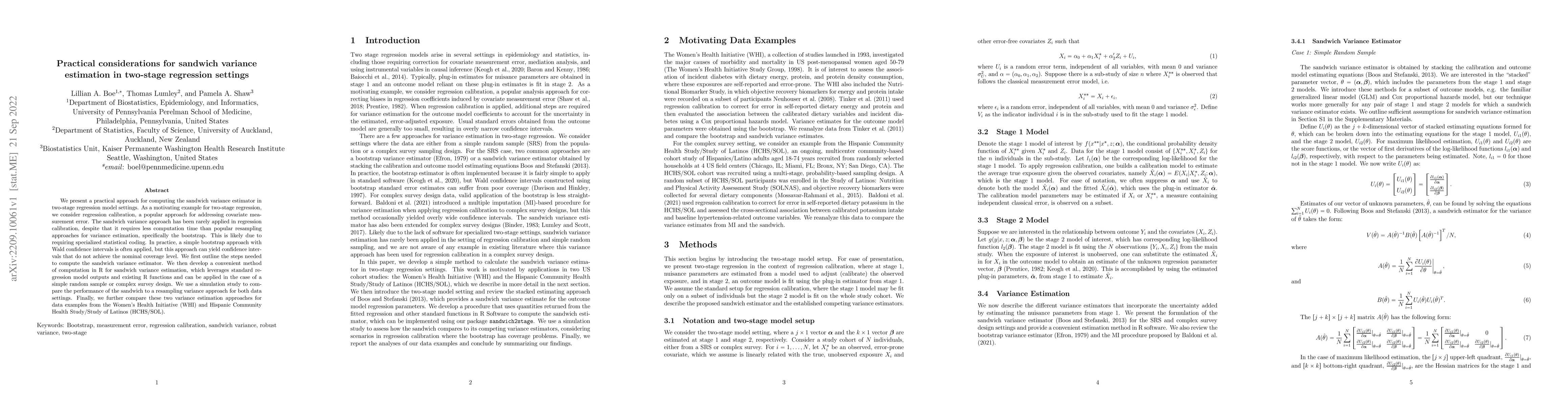 Thumbnail for Practical considerations for sandwich variance estimation in two-stage
  regression settings
