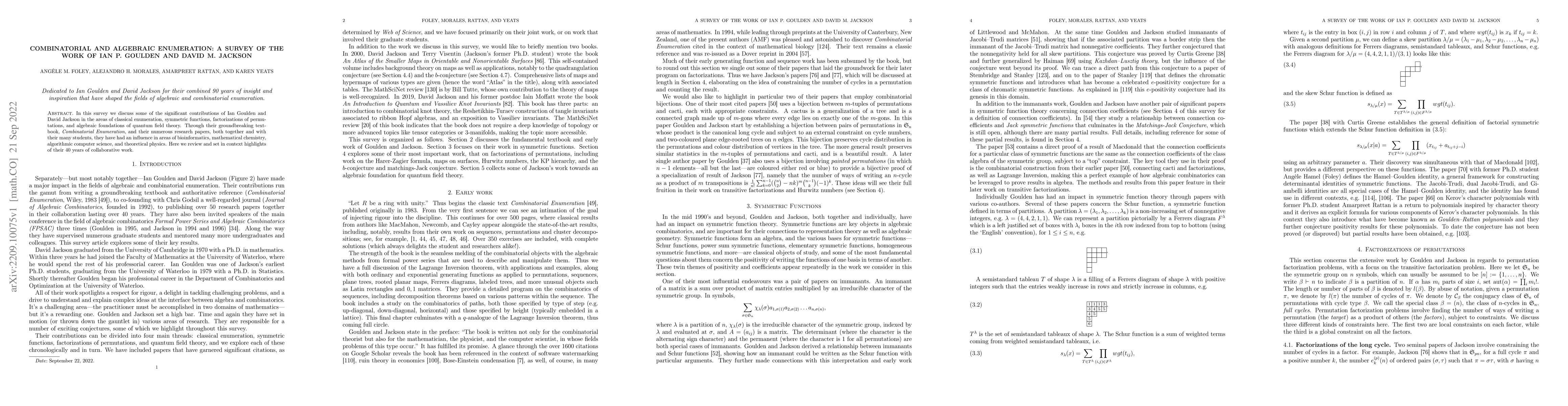 Thumbnail for Combinatorial and Algebraic Enumeration: a survey of the work of Ian P.
  Goulden and David M. Jackson