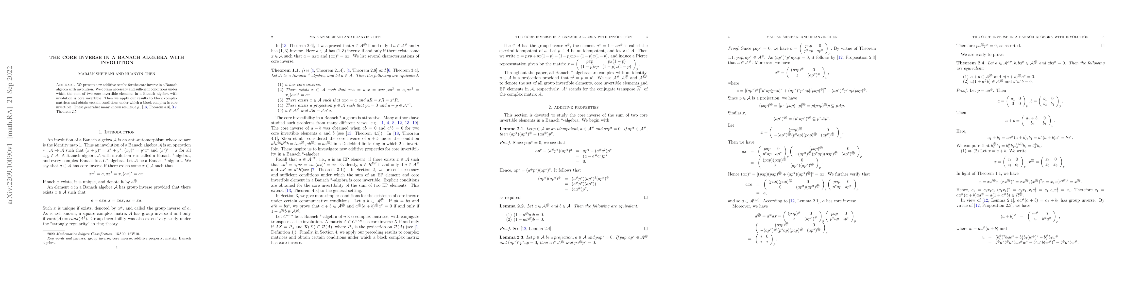 Thumbnail for The Core Inverse in a Banach Algebra with Involution