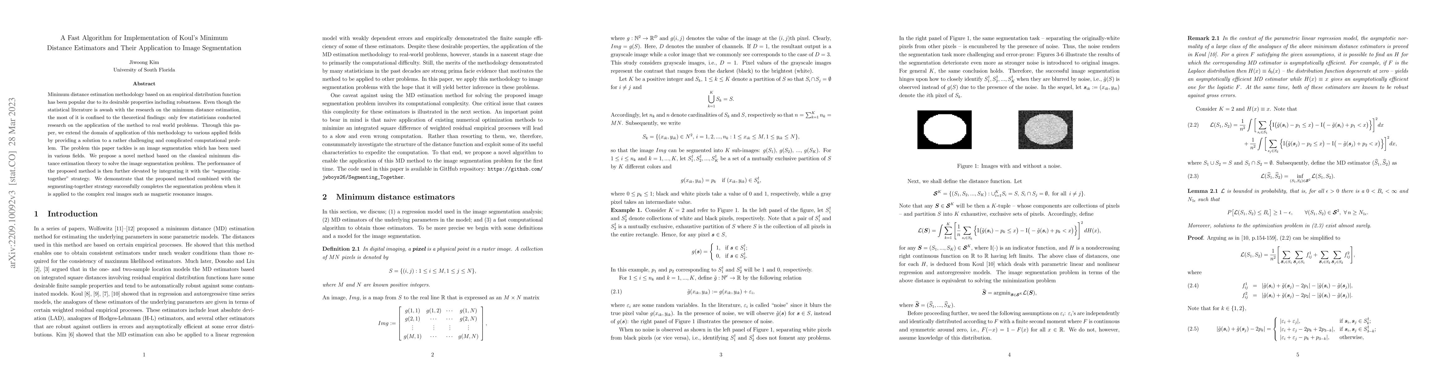 Thumbnail for A Fast Algorithm for Implementation of Koul's Minimum Distance
  Estimators and Their Application to Image Segmentation