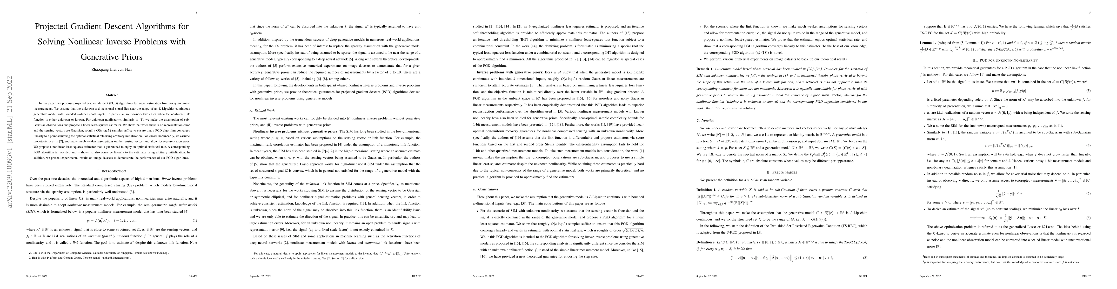 Thumbnail for Projected Gradient Descent Algorithms for Solving Nonlinear Inverse
  Problems with Generative Priors