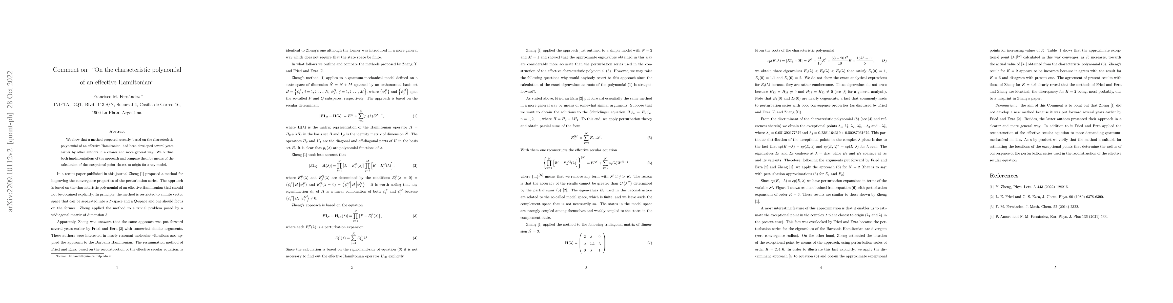 Thumbnail for Comment on: "On the characteristic polynomial of an effective
  Hamiltonian"