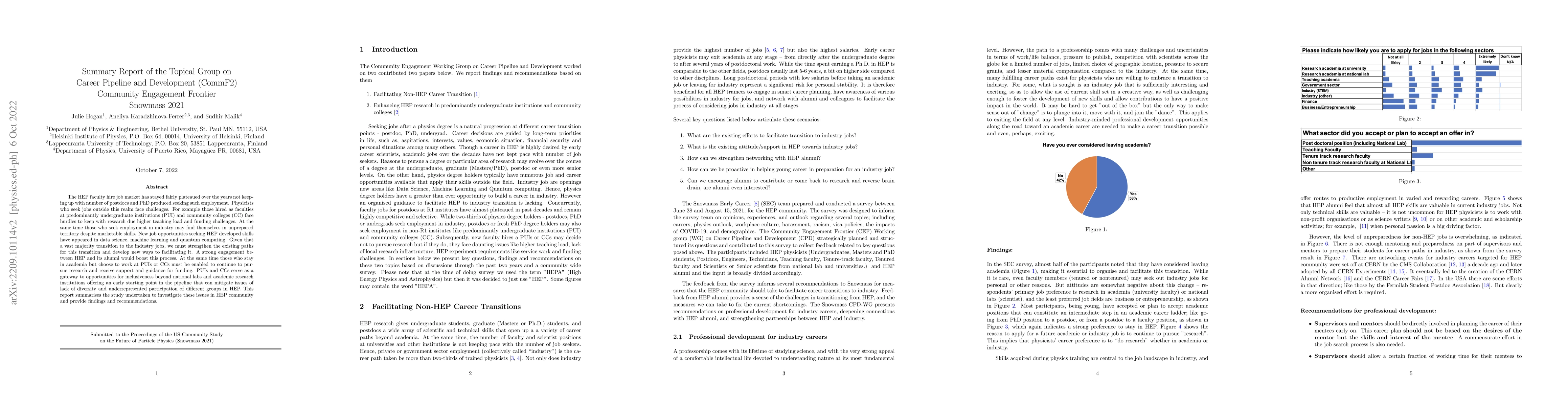 Thumbnail for Summary Report of the Topical Group on Career Pipeline and Development
  (CommF2) Community Engagement Frontier Snowmass 2021