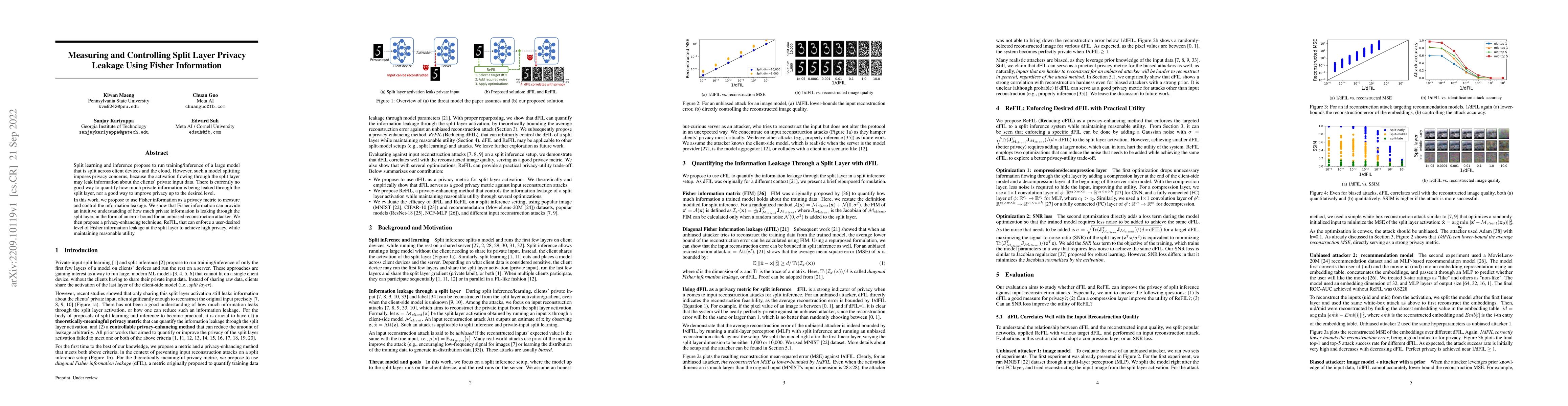 Thumbnail for Measuring and Controlling Split Layer Privacy Leakage Using Fisher
  Information