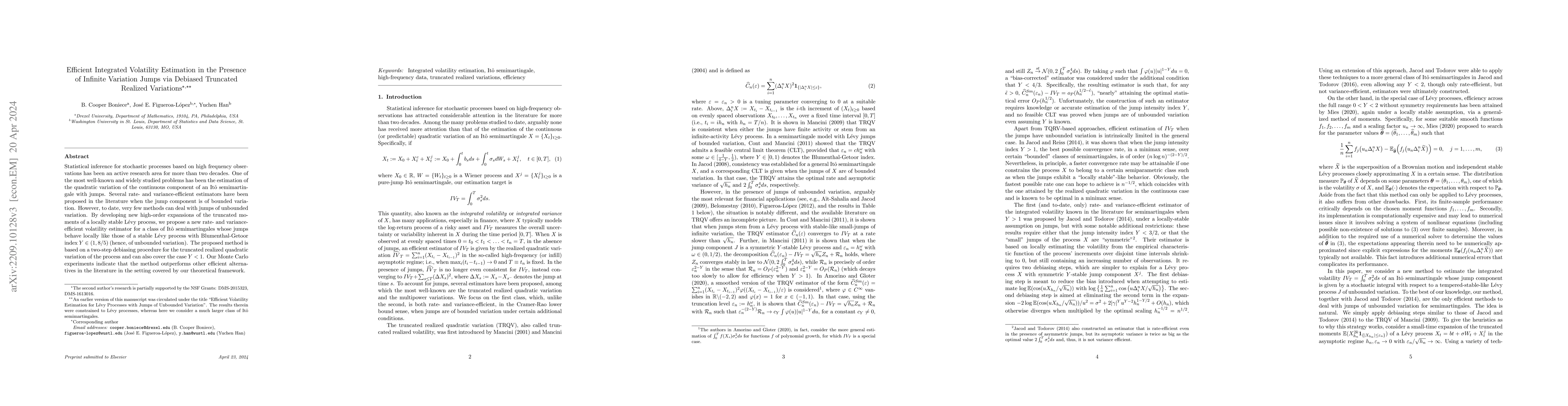 Thumbnail for Efficient Integrated Volatility Estimation in the Presence of Infinite
  Variation Jumps via Debiased Truncated Realized Variations