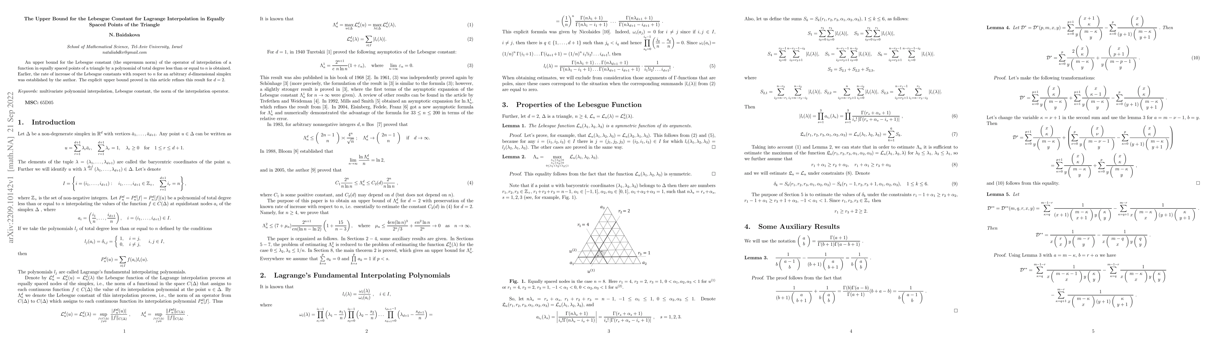 Thumbnail for The Upper Bound for the Lebesgue Constant for Lagrange Interpolation in
  Equally Spaced Points of the Triangle