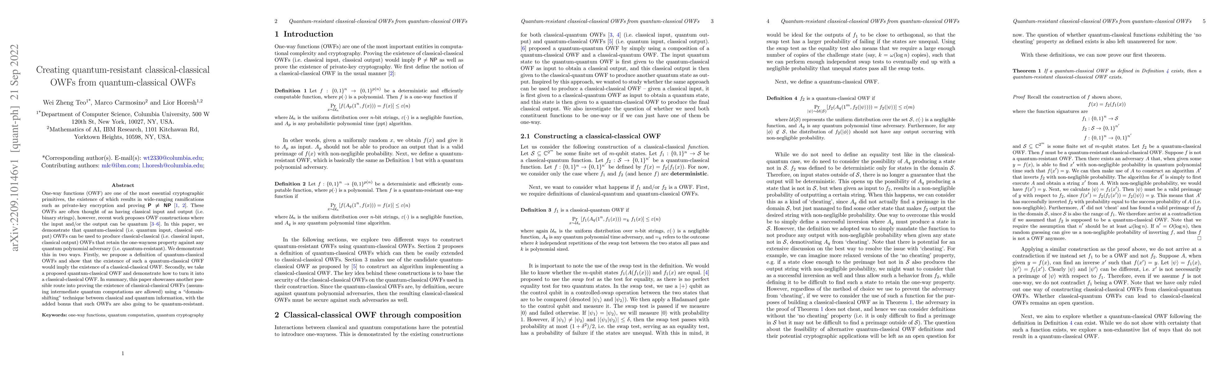 Thumbnail for Creating quantum-resistant classical-classical OWFs from
  quantum-classical OWFs