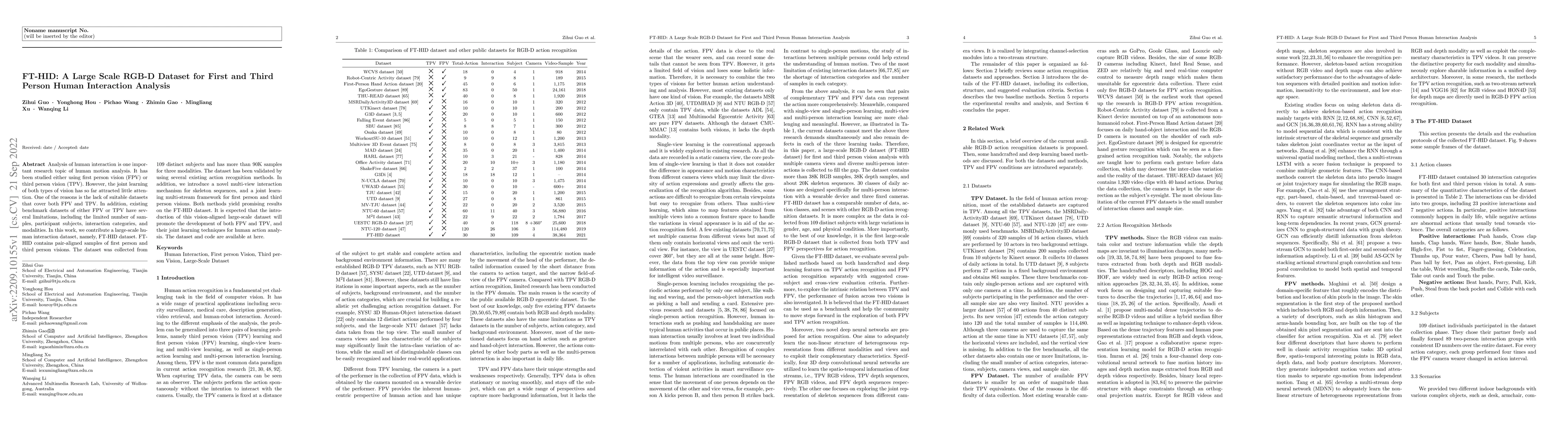 Thumbnail for FT-HID: A Large Scale RGB-D Dataset for First and Third Person Human
  Interaction Analysis