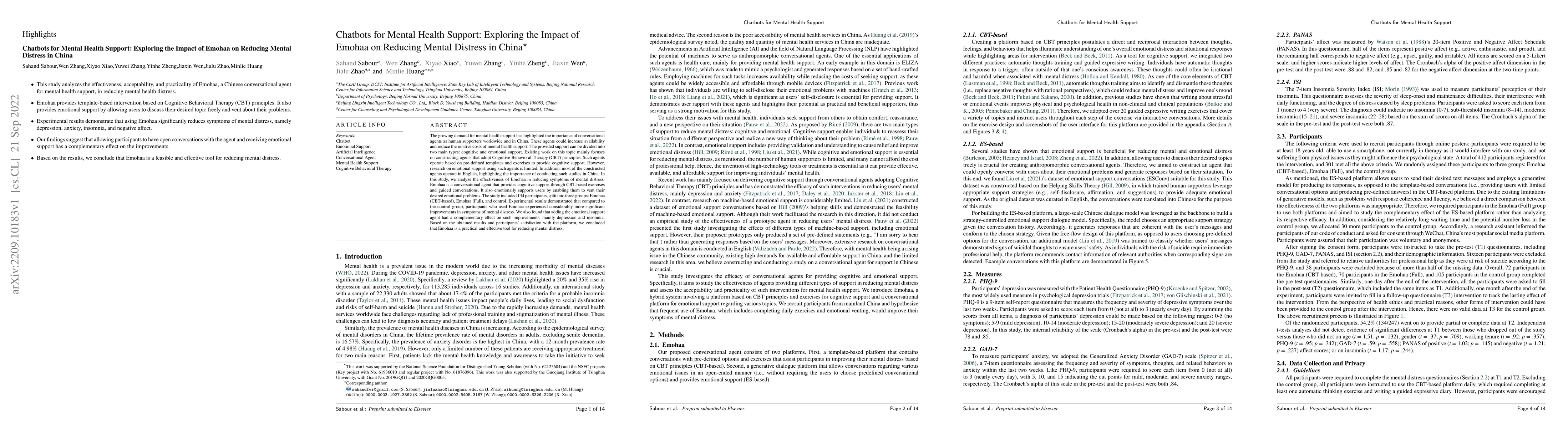 Thumbnail for Chatbots for Mental Health Support: Exploring the Impact of Emohaa on
  Reducing Mental Distress in China