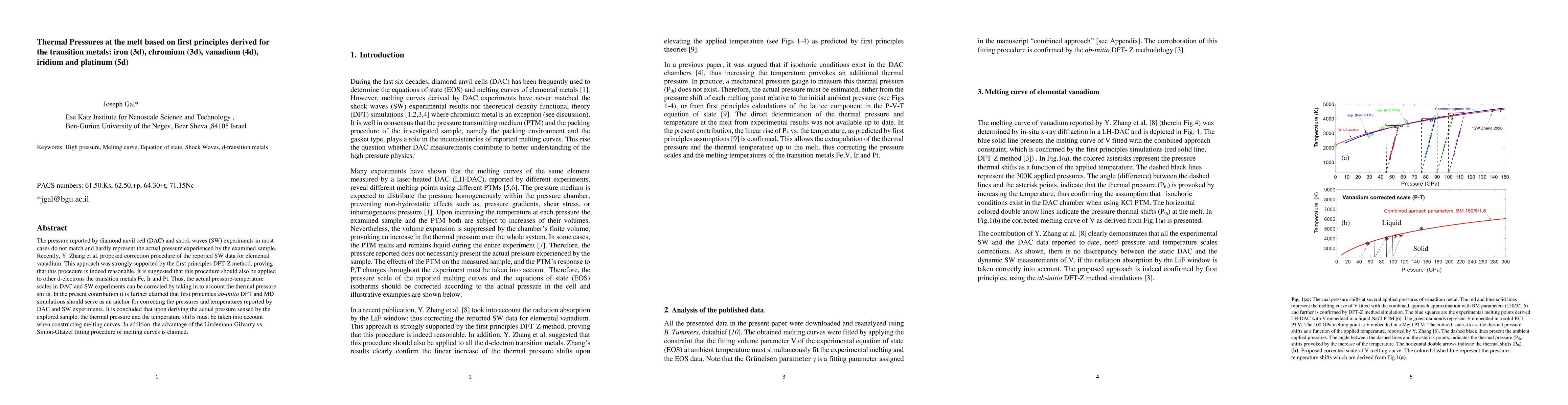 Thumbnail for Correction of the pressure scales reliant to the thermal pressures
  shifts in iron (3d) vanadium (4d), iridium and platinum (5d) transition
  metals