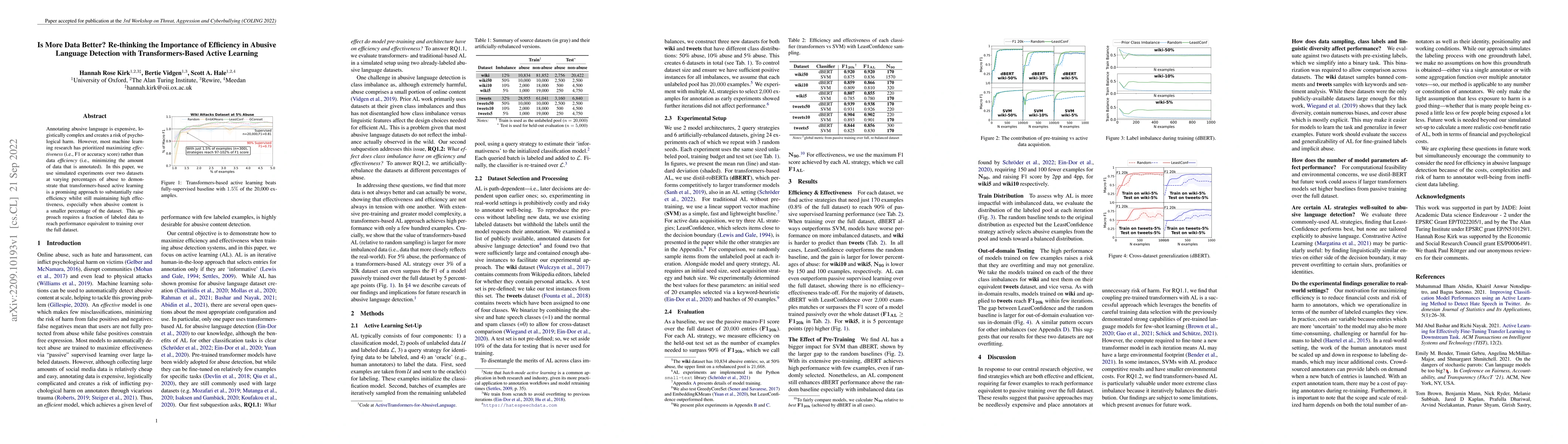Thumbnail for Is More Data Better? Re-thinking the Importance of Efficiency in Abusive
  Language Detection with Transformers-Based Active Learning