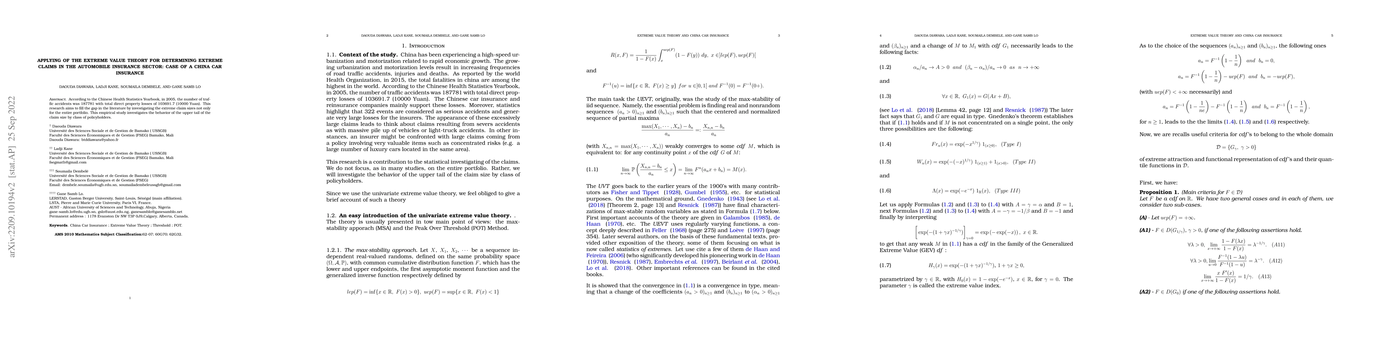 Thumbnail for Applying of the Extreme Value Theory for determining extreme claims in
  the automobile insurance sector: Case of a China car insurance