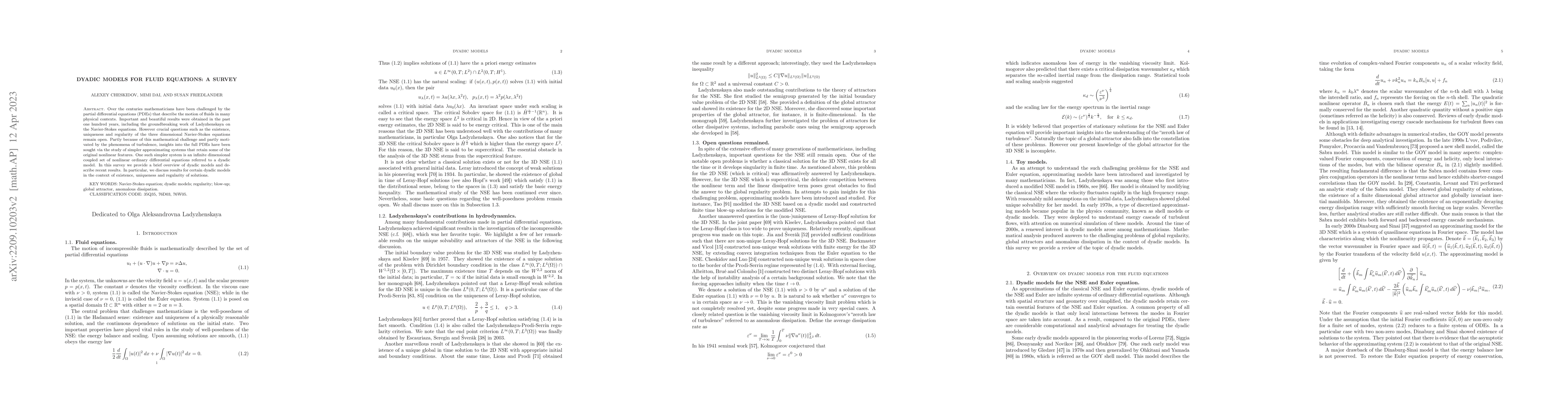 Thumbnail for Dyadic models for fluid equations: a survey