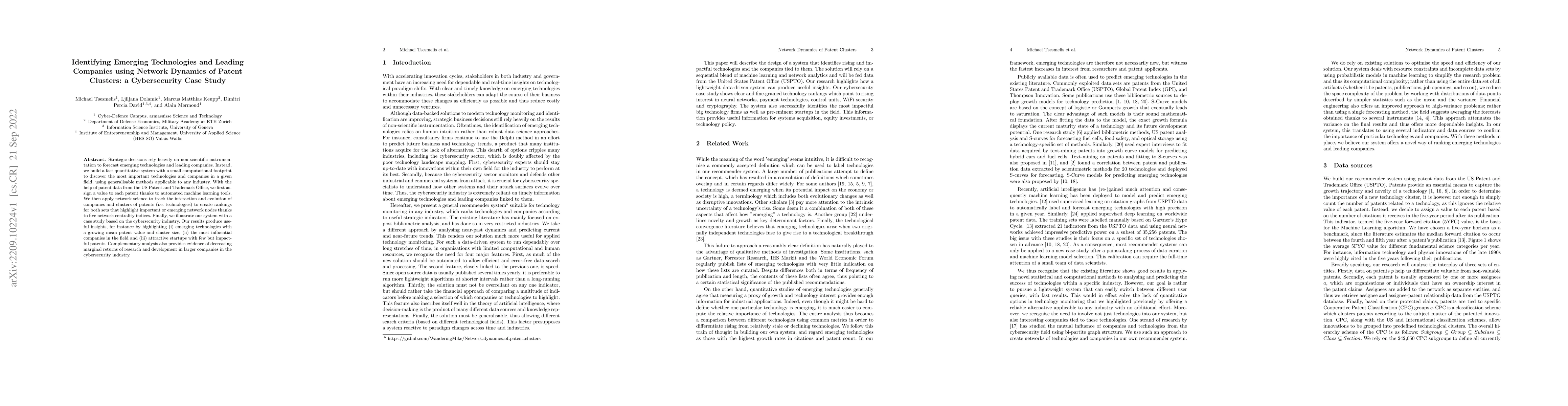 Thumbnail for Identifying Emerging Technologies and Leading Companies using Network
  Dynamics of Patent Clusters: a Cybersecurity Case Study