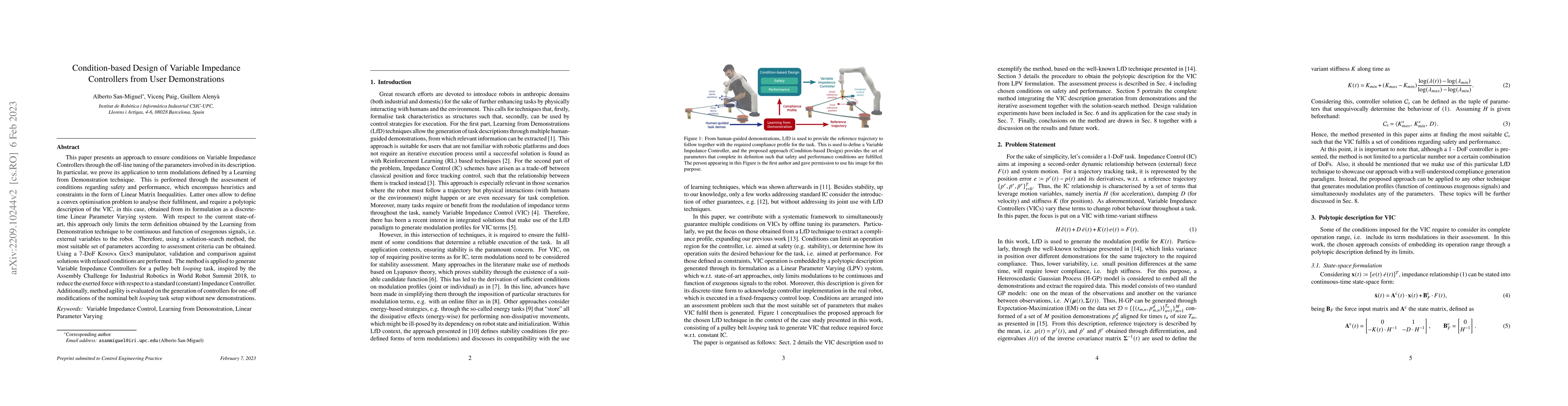 Thumbnail for Condition-based Design of Variable Impedance Controllers from User
  Demonstrations