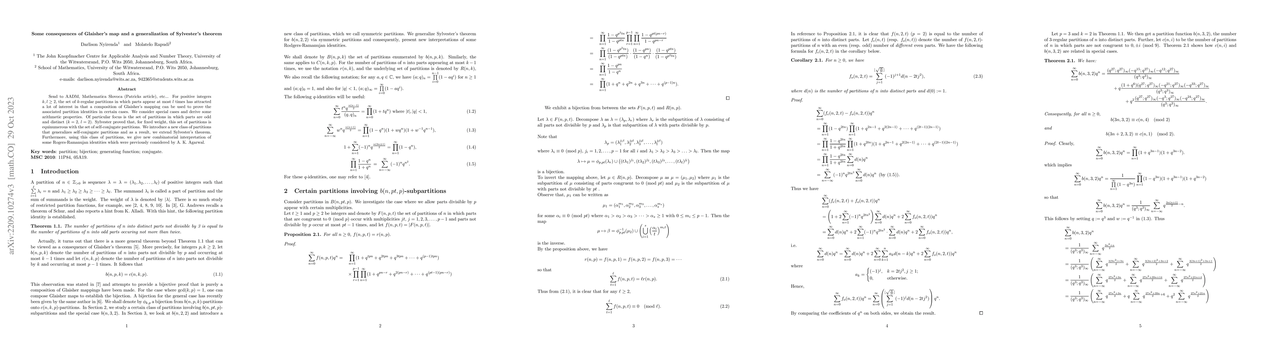 Thumbnail for Some consequences of Glaisher's map and a generalization of Sylvester's
  theorem