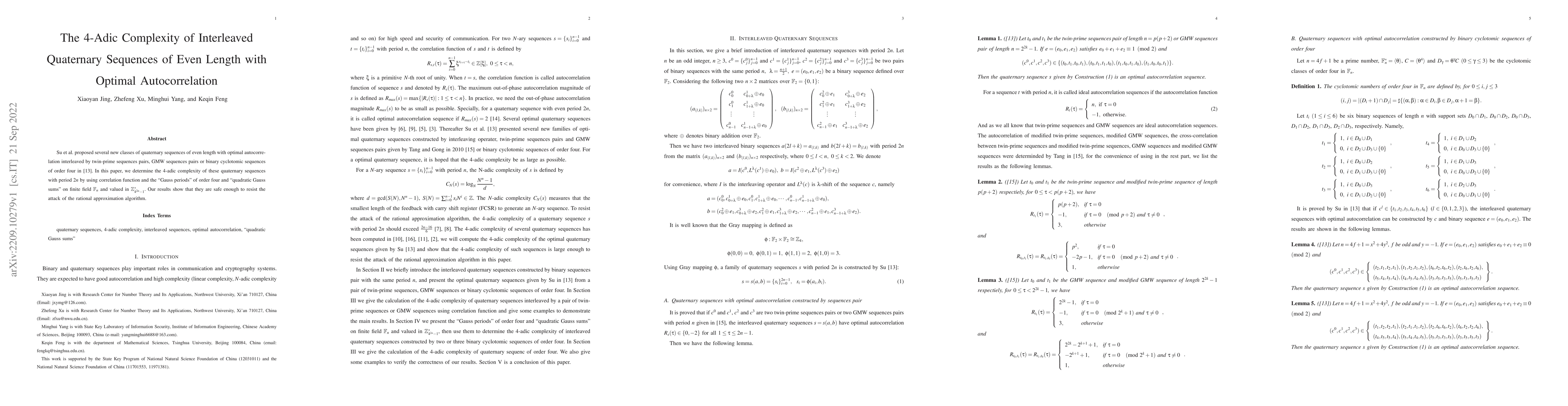 Thumbnail for The 4-Adic Complexity of Interleaved Quaternary Sequences of Even Length
  with Optimal Autocorrelation