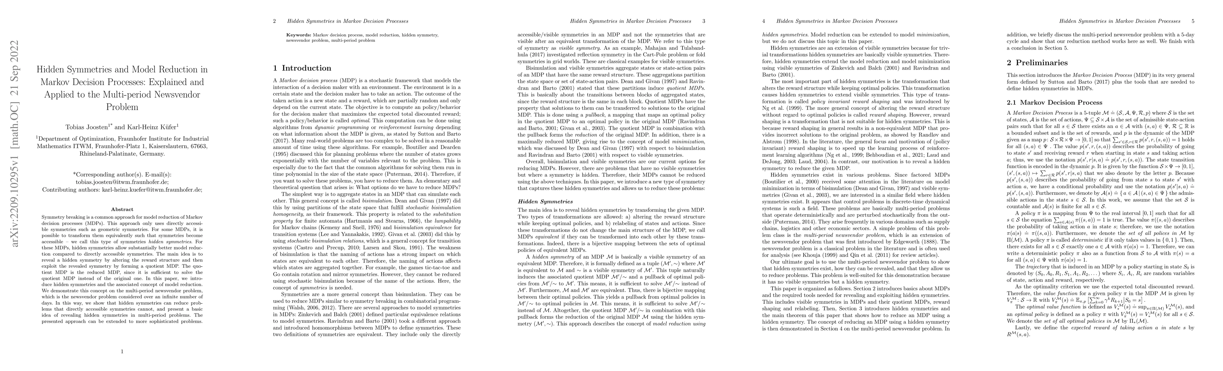 Thumbnail for Hidden Symmetries and Model Reduction in Markov Decision Processes:
  Explained and Applied to the Multi-period Newsvendor Problem