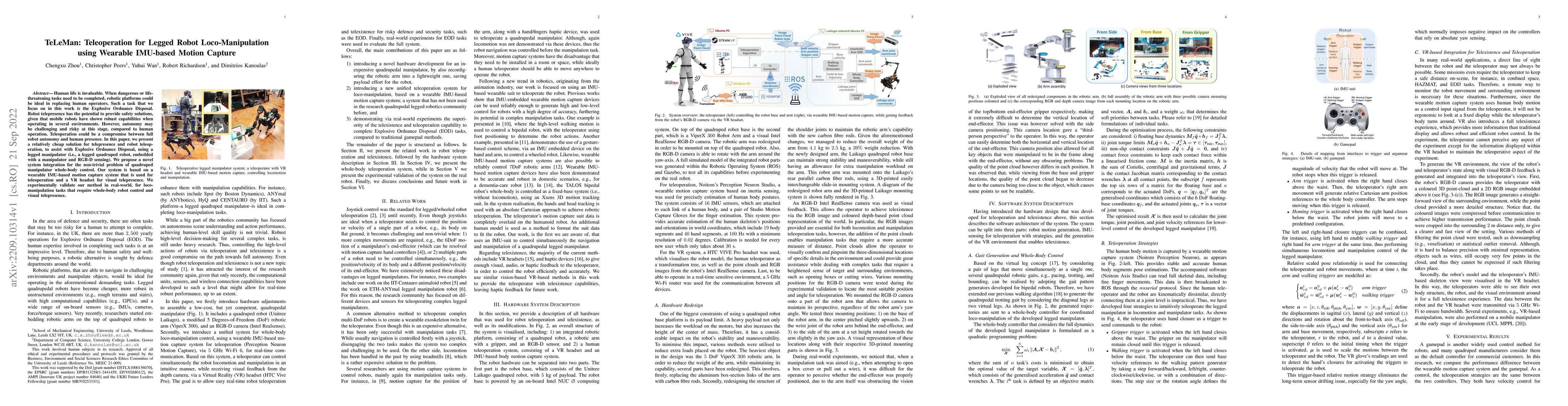 Thumbnail for TeLeMan: Teleoperation for Legged Robot Loco-Manipulation using Wearable
  IMU-based Motion Capture